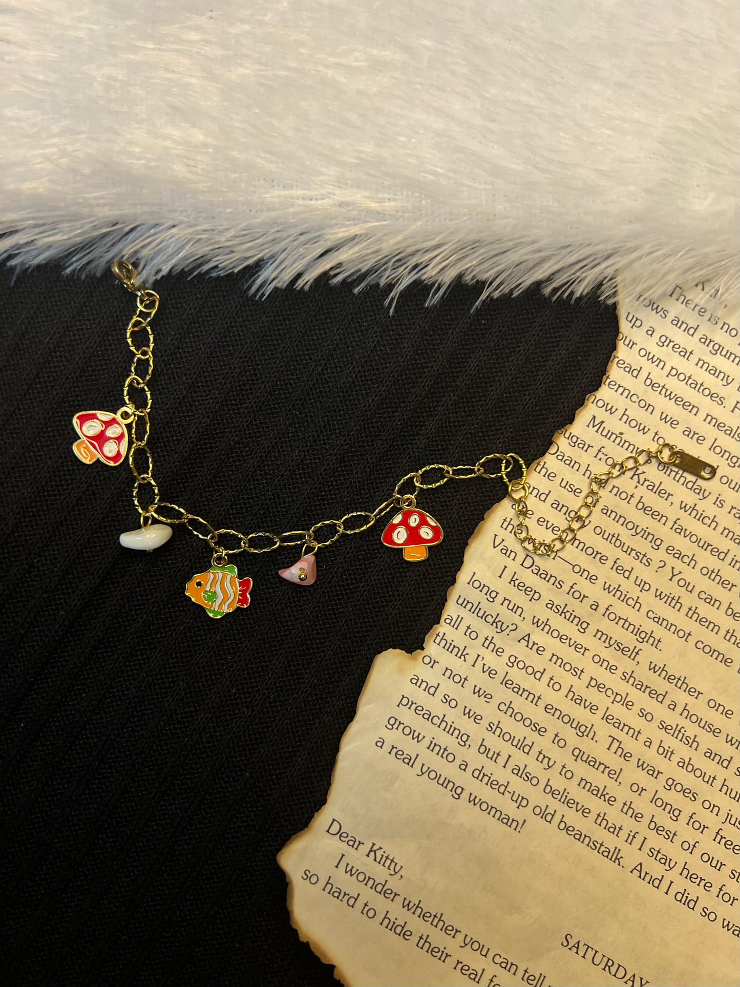 Fish  & mushroom charm bracelet